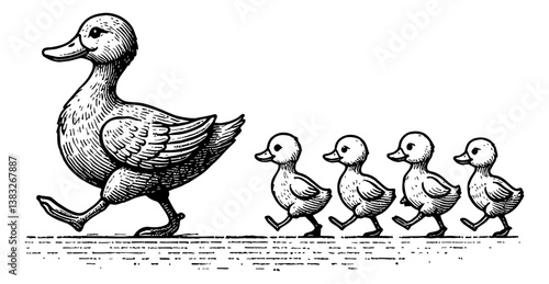 Mother duck walking with ducklings following closely in black and white engraved style