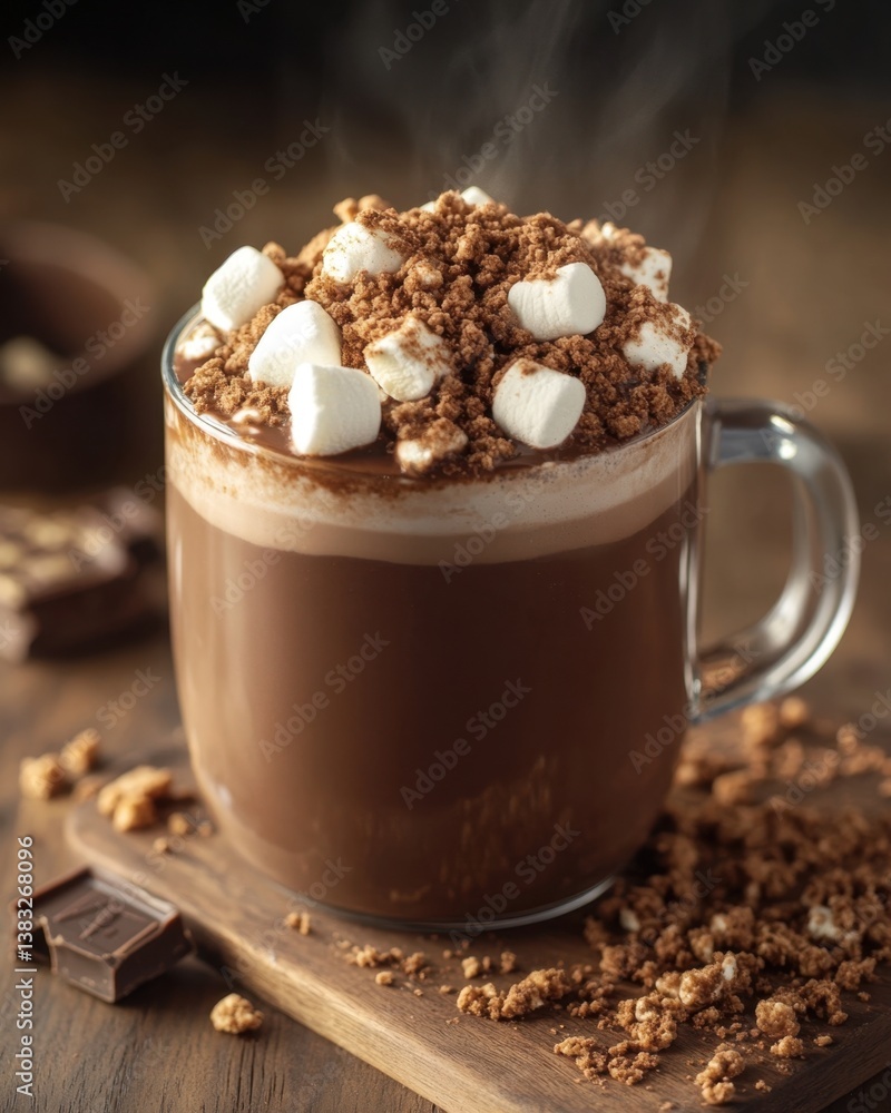 Steaming Mug of Hot Chocolate Adorned with Marshmallows and Cocoa Powder on Rustic Wooden Surface Warmth Steaming Mug of Hot Chocolate Adorned with Marshmallows and Cocoa Powder on Rustic Wooden Surface Warmth