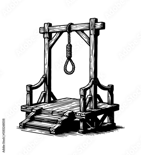 Detailed Illustration of a Wooden Gallows with a Noose Hanging, Engrave Style