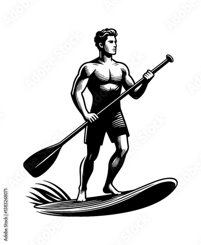 Muscular man on stand up paddle board holding paddle with focused face in black and white illustration