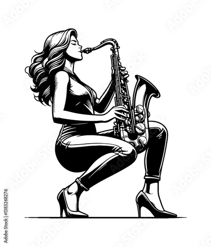 Woman Playing Saxophone in Black and White Line Art, Stylish Musician with Saxophone