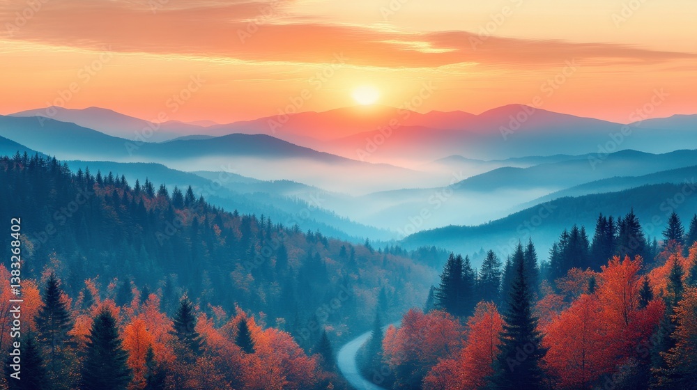 Obraz premium Serene Mountain Vista at Sunrise with Autumnal Forest and Misty Valleys Capturing the Tranquil Beauty and Scenic Landscape
