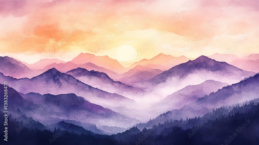 Obraz premium Watercolor sunrise over misty mountain ridges: a serene landscape of purple and orange hues.