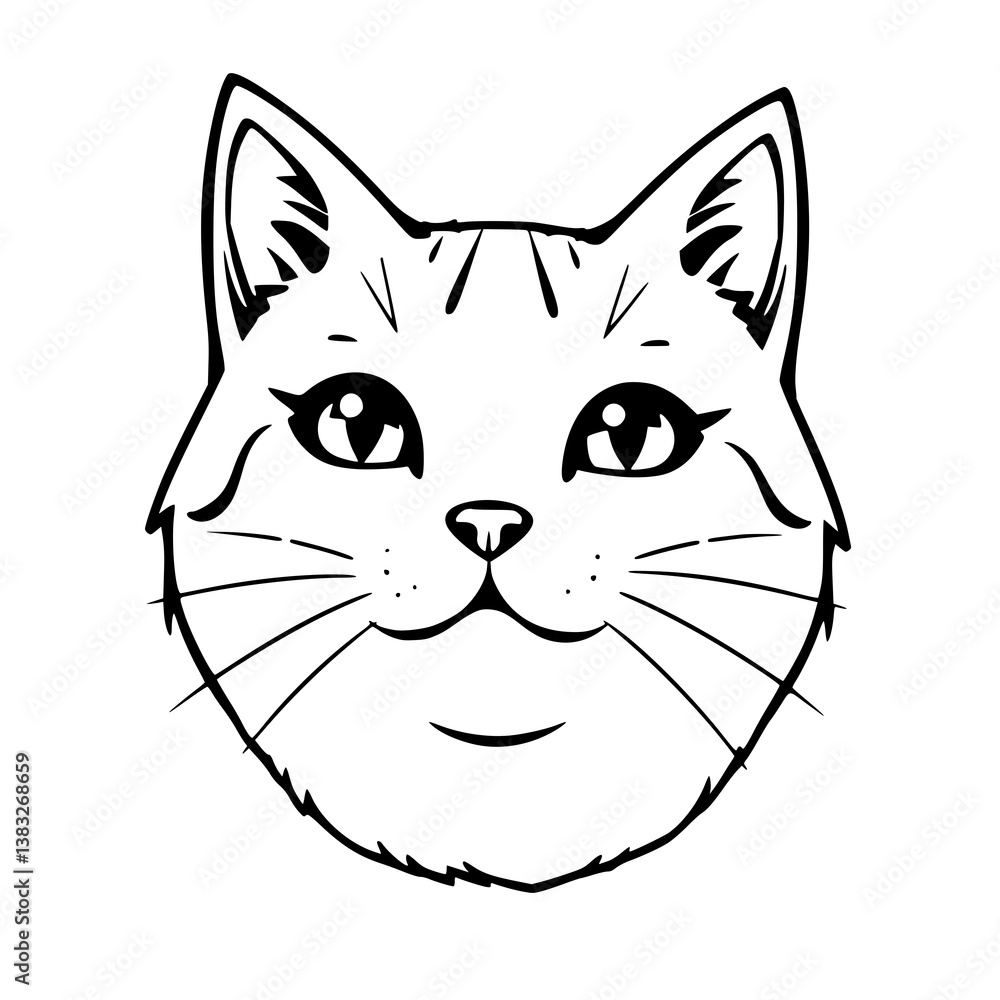 Obraz premium Cat face illustration with whiskers and expressive eyes in black and white, simple and cute design. featuring animal, feline, pet