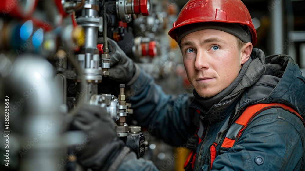 Worker in Safety Gear Inspecting Industrial Equipment