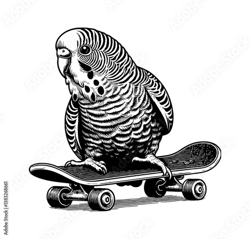 Parakeet Riding Skateboard in Detailed Black and White Engraved Line Art Illustration