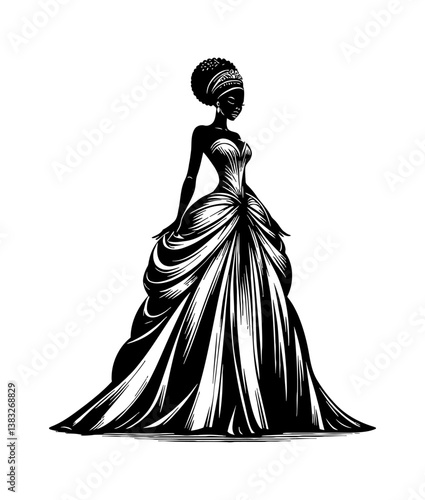 Elegant Black Woman Wearing Gown with Tiara and Earring in Black and White Silhouette Illustration