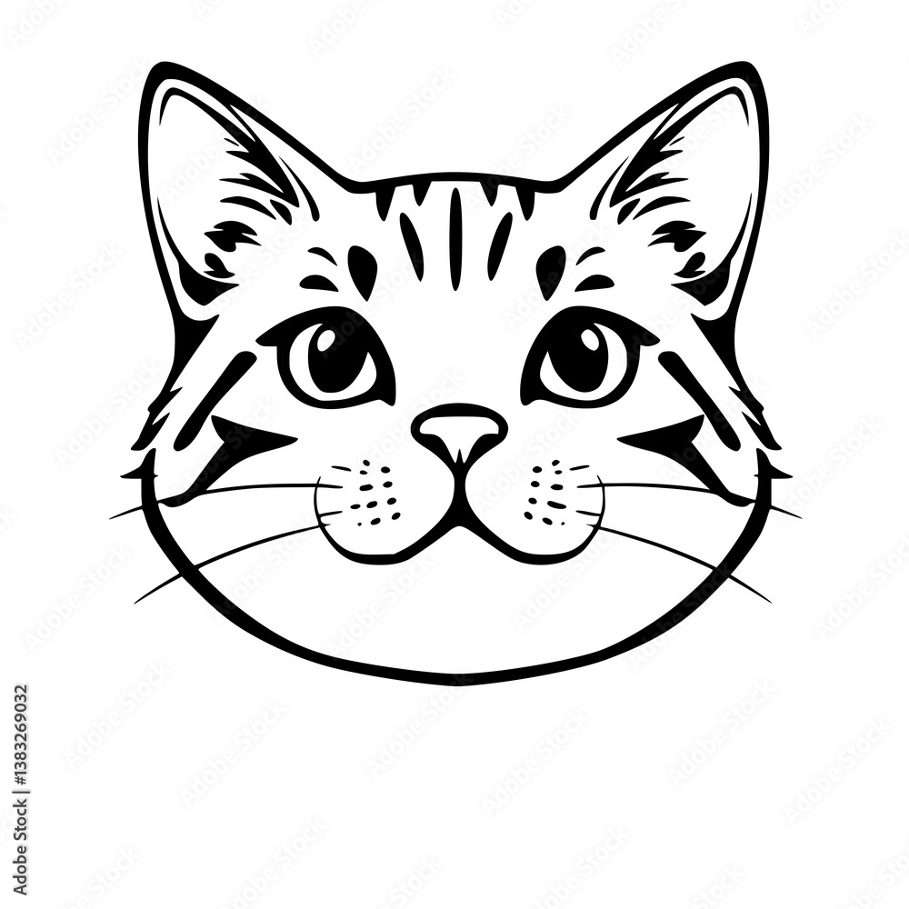 Obraz premium Simple line art illustration of a cat's head with prominent ears, eyes, nose, and whiskers on a plain white background