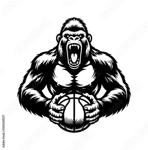Aggressive Gorilla Holding Basketball with Furious Expression in Black and White Detailed Vector