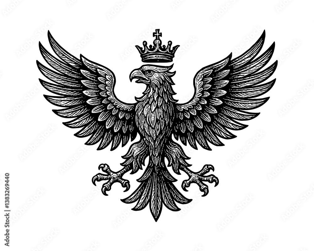 Obraz premium Majestic Eagle Wearing a Crown with Open Wings Detailed Engraving Style on White Background