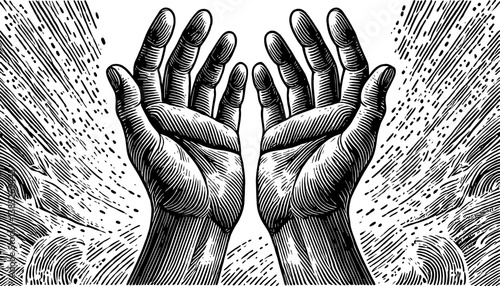 Engraved Illustration of Two Hands Reaching Upwards with Light Rays in Detailed Black and White