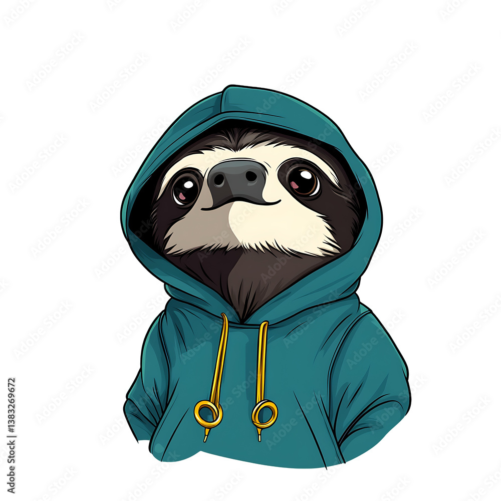 Fototapeta premium Rapping Sloth Wearing Hoodie and Gold Rings