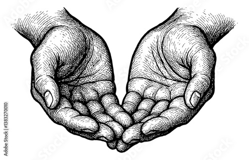 Detailed Black and White Engraving Style of Two Hands Gently Cupping Together