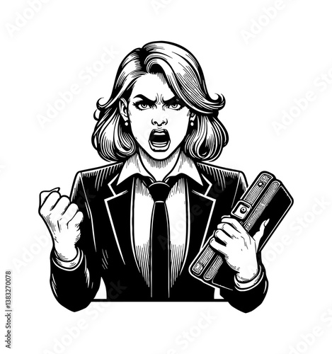 Angry businesswoman shouting and clenching fist, holding briefcase in black and white drawing