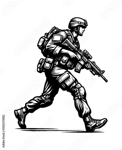 Illustration of Soldier Running with Rifle Wearing Helmet and Tactical Gear in Black and White