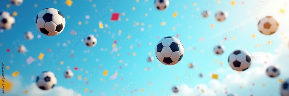 Dynamic Soccer Balls Celebration in Blue Sky Dynamic Soccer Balls Celebration in Blue Sky
