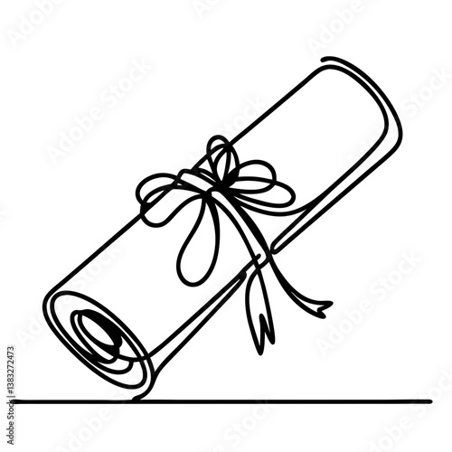 Diploma rolled with ribbon in minimalistic line art style  