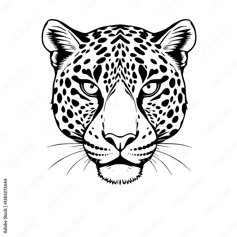 Obraz premium Illustration showing the head of a leopard or jaguar with a direct gaze, rendered in black and white line art with spots