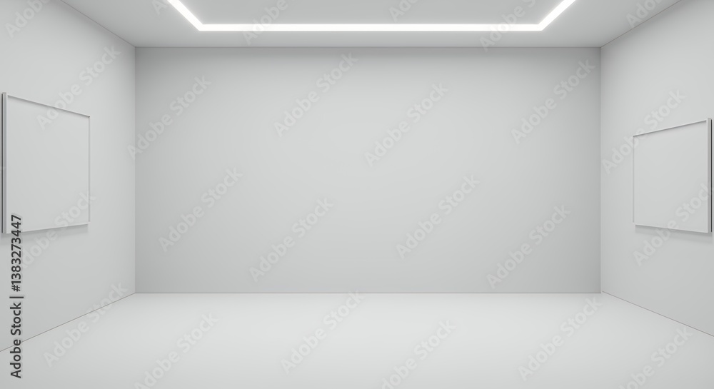 Minimalist Interior Design of Empty Art Gallery with White Walls and Frames Ready for Artwork Display Featuring Modern Lighting Fixtures Minimalist Interior Design of Empty Art Gallery with White Walls and Frames Ready for Artwork Display Featuring Modern Lighting Fixtures
