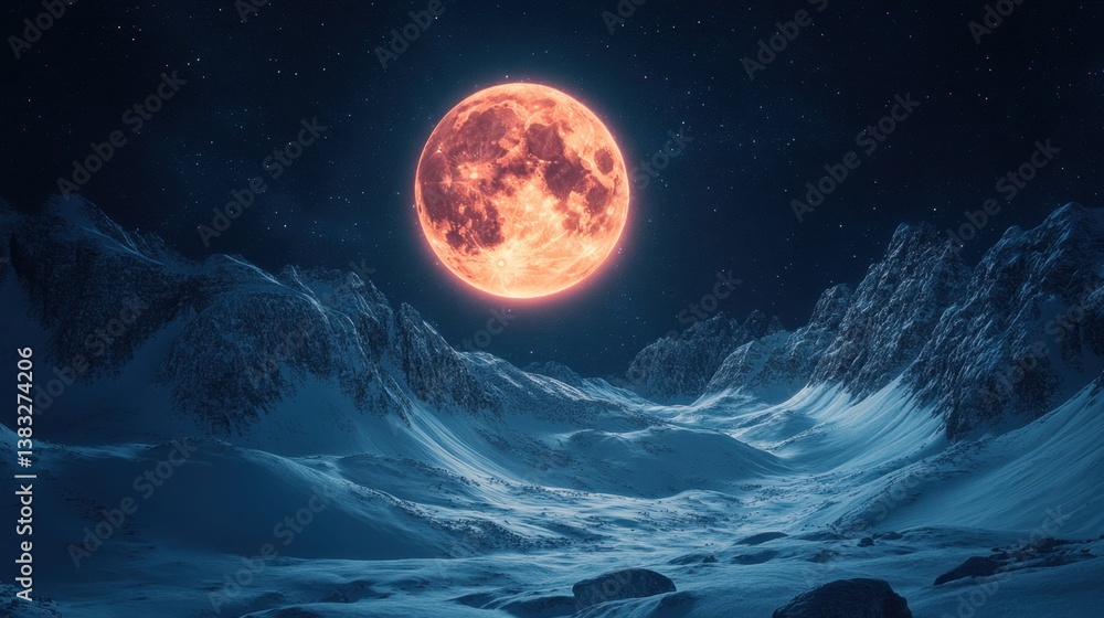 Fototapeta premium Dramatic full moon rising over a snow covered mountain range casting a blue hue in a serene night landscape