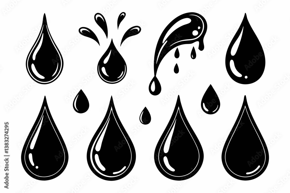 Puddles drops splashing water. Dripping liquid elements, isolated black ink flow. Tears flowing vector and silhouettes, oil or rain drips Puddles drops splashing water. Dripping liquid elements, isolated black ink flow. Tears flowing vector and silhouettes, oil or rain drips