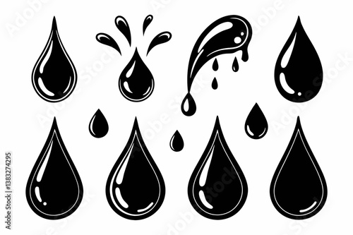 Puddles drops splashing water. Dripping liquid elements, isolated black ink flow. Tears flowing vector and silhouettes, oil or rain drips