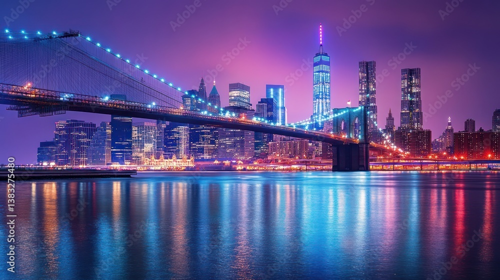 Naklejka premium Nighttime Brooklyn Bridge, Manhattan skyline, colorful lights, river reflection, travel poster