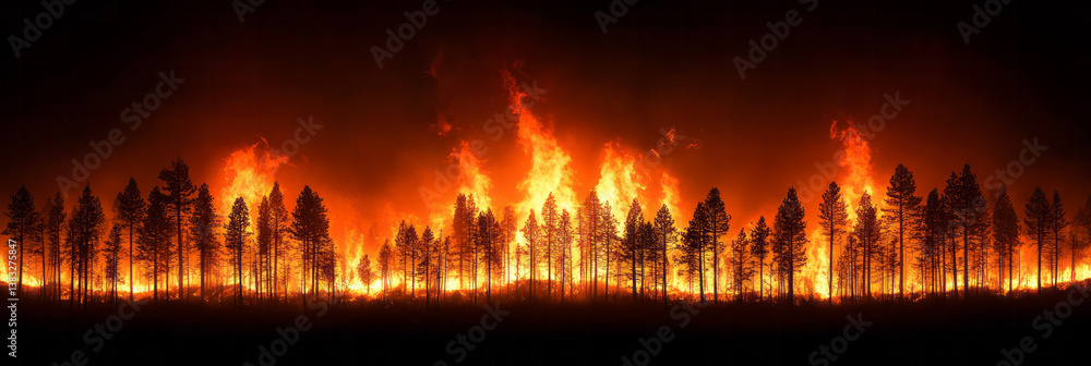 Obraz premium A wide shot of trees silhouetted against a fiery blaze, as a wildfire spreads through the forest