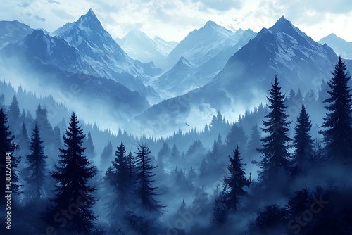 Misty Blue Mountain Landscape with Pine Forest and Atmospheric Fog in the Morning Light