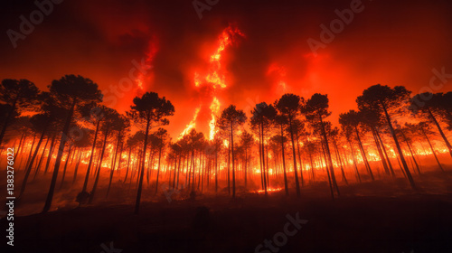 A powerful environmental photo showing a wildfire raging through trees at night, sparks flying and