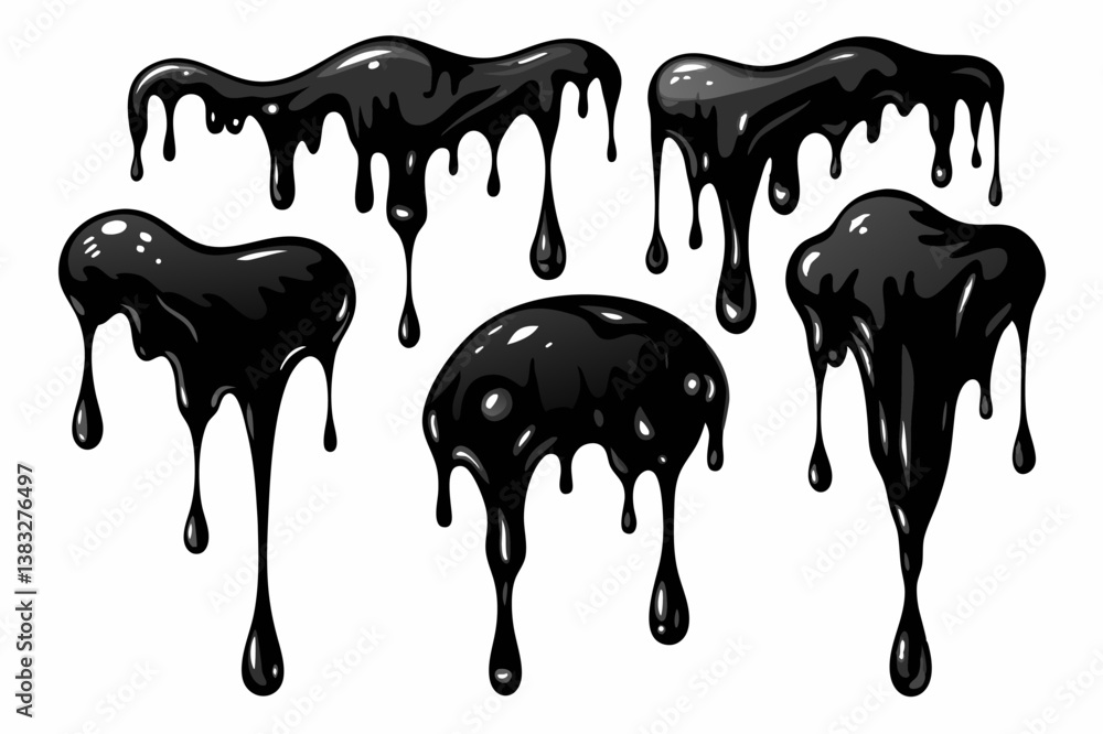 Set of Realistic Black Paint Drips Isolated on White Background Set of Realistic Black Paint Drips Isolated on White Background