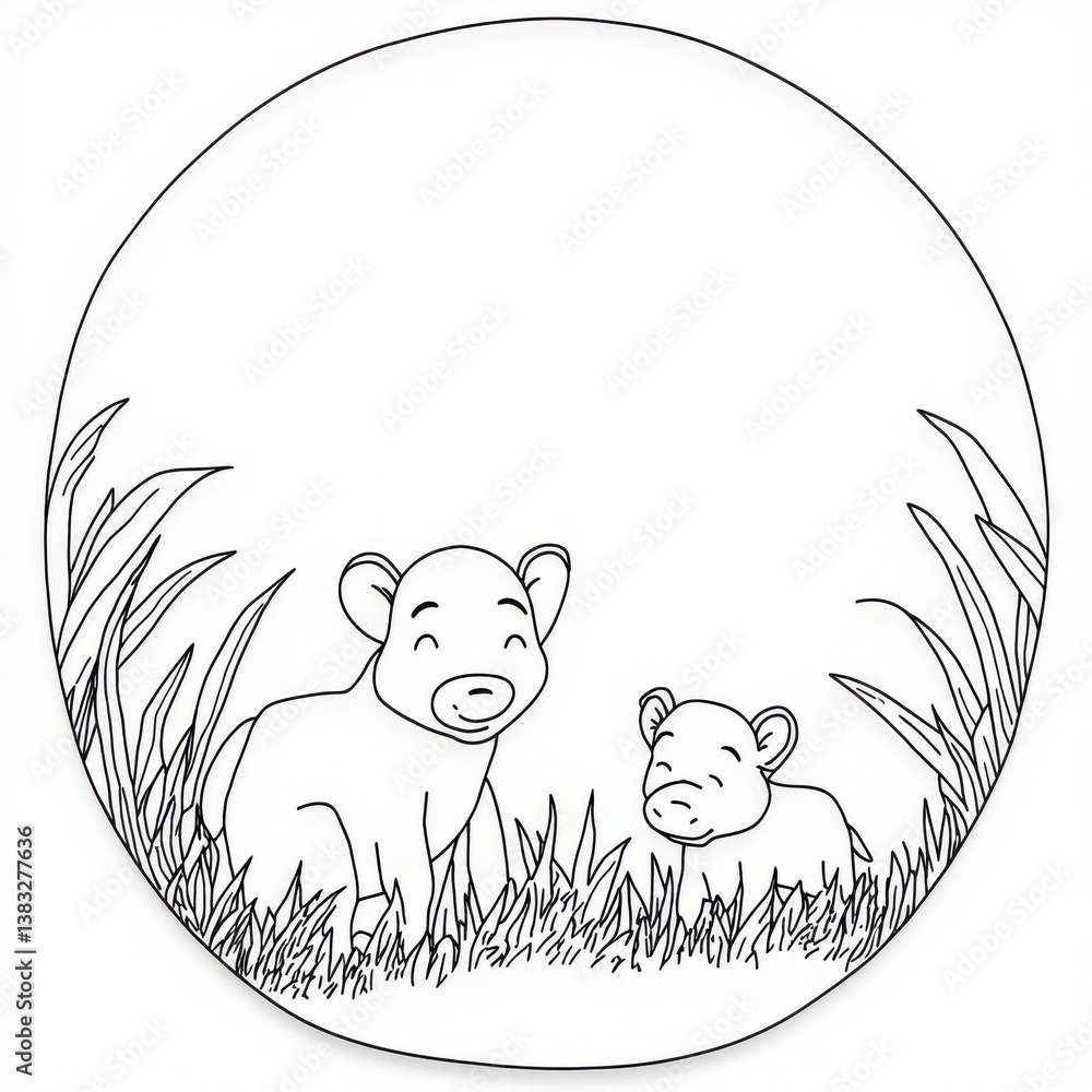 Fototapeta premium Dos oseznos, uno mayor que el otro, pasean en el campo, dibujo en blanco y negro para colorear, la imagen est√° encuadrada en un c√≠rculo, plantilla redonda
