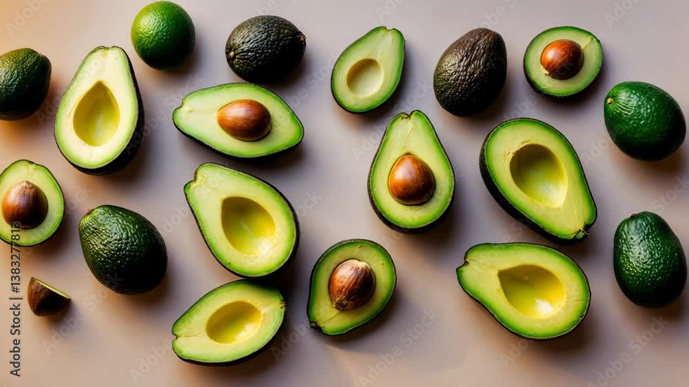 Creative arrangement featuring avocado against the backdrop. Flat lay. Food concept. Creative arrangement featuring avocado against the backdrop. Flat lay. Food concept.