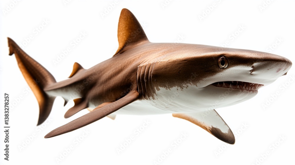 Obraz premium Graceful brown shark swimming peacefully, isolated on a crisp white background