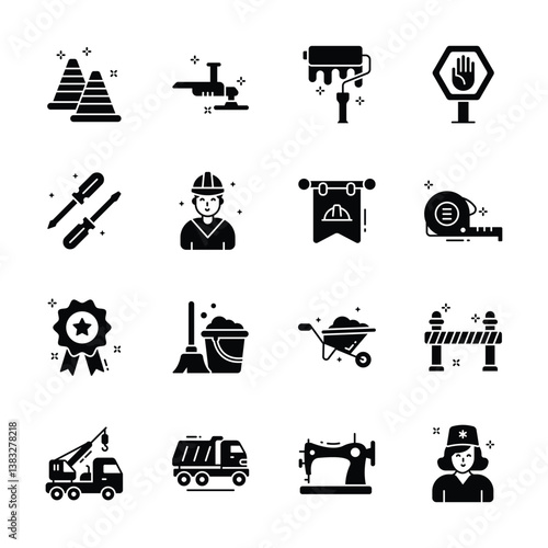Handy Set of Construction and Labour Day Glyph Style Icons 