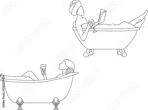 silhouette design vector illustration sketch image of woman relaxing in bathtub in bathroom