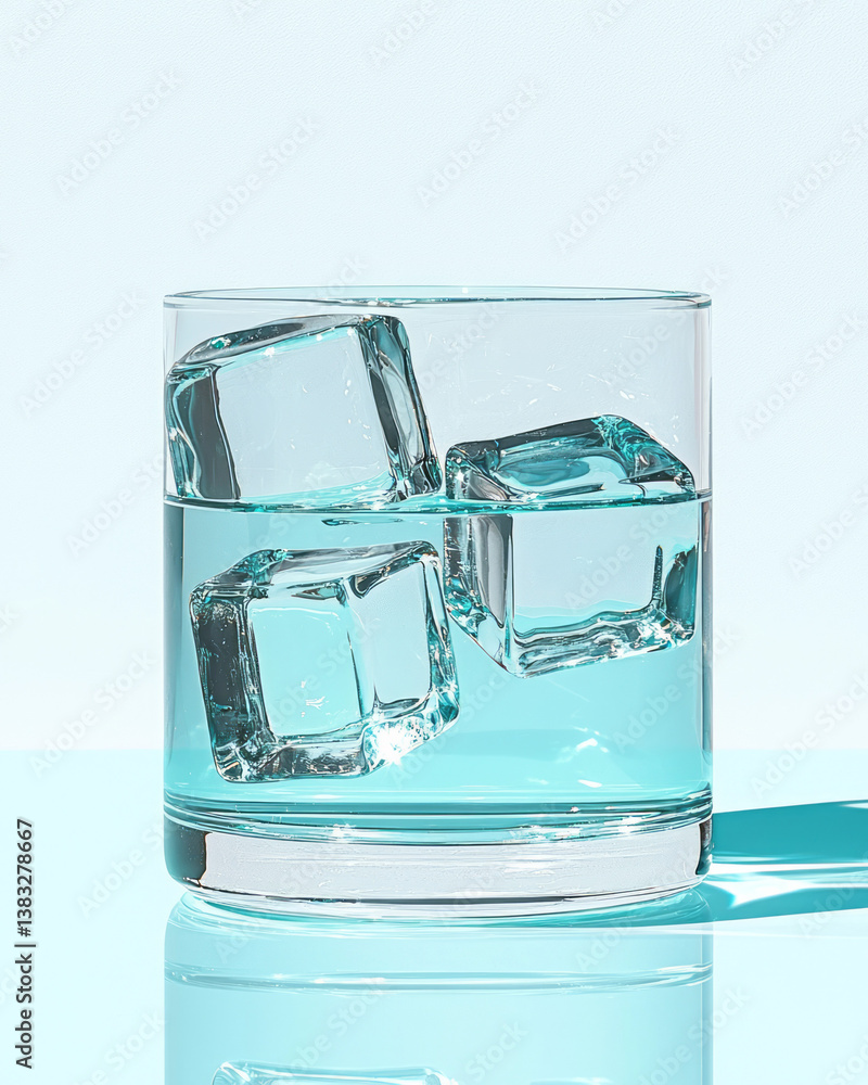 A refreshing beverage concept image with ice cubes placed on a translucent surface, background