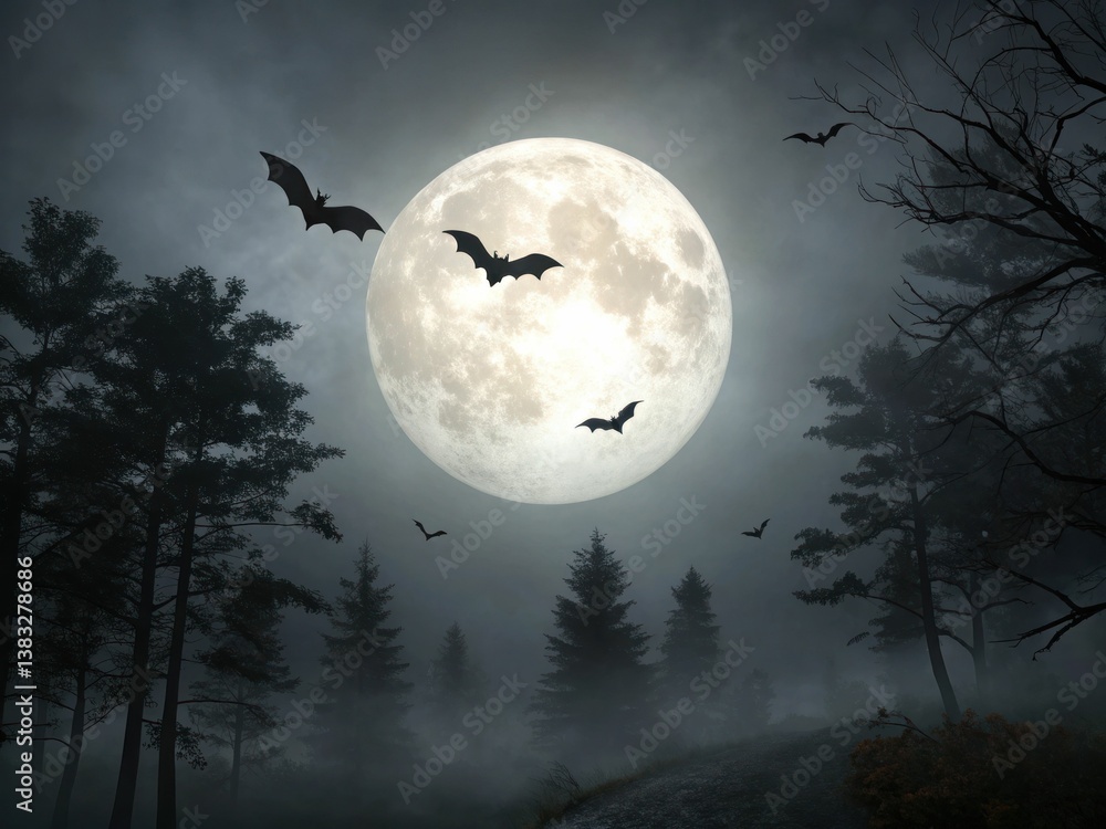 A spooky moonlit scene featuring large bats flying among dark, silhouette-like trees in a misty atmosphere. A spooky moonlit scene featuring large bats flying among dark, silhouette-like trees in a misty atmosphere.
