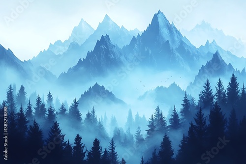 Misty Blue Mountain Landscape with Pine Forest and Atmospheric Fog in the Morning Light