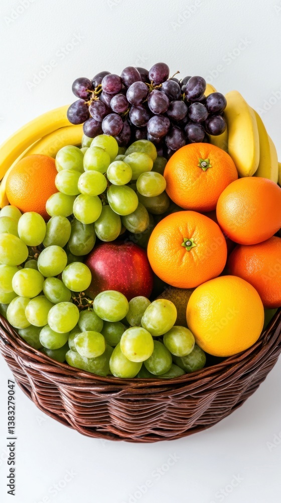 Abundant fruit basket filled with fresh grapes bananas oranges and apple on white background studio shot healthy eating concept Abundant fruit basket filled with fresh grapes bananas oranges and apple on white background studio shot healthy eating concept