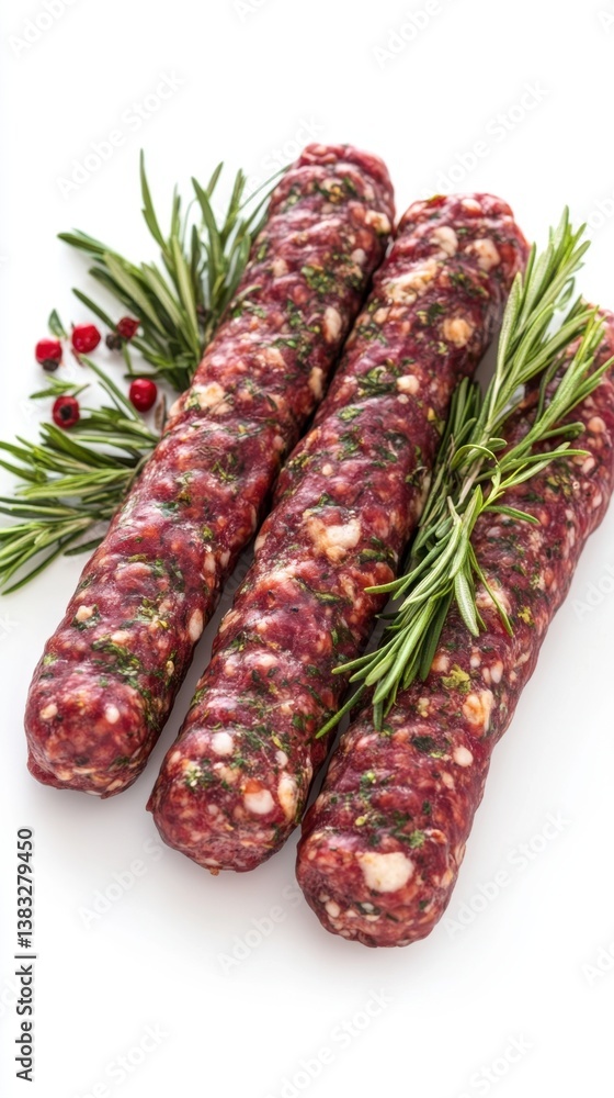 Three seasoned raw sausages with rosemary sprigs on a white surface culinary delight close up shot food photography Three seasoned raw sausages with rosemary sprigs on a white surface culinary delight close up shot food photography