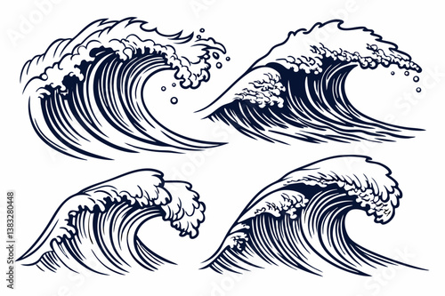 Sea waves sketch. Storm wave, vintage tide and ocean beach storms hand drawn vector and illustration set