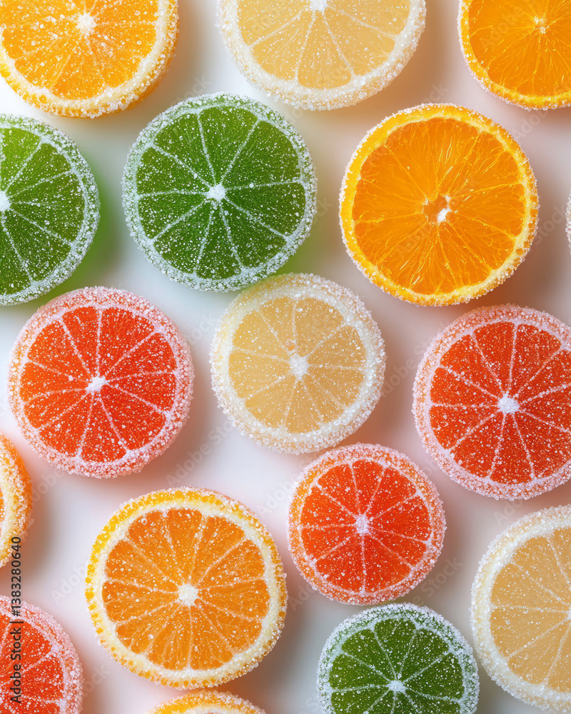 Fototapeta premium A creative food styling image of citrus rounds and candy drops scattered together on a wooden table