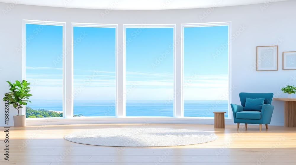 Fototapeta premium Serene Modern Office Interior with Large Windows Overlooking a Tranquil Sea and Clear Blue Sky ,Office interior backdrop for online meetings