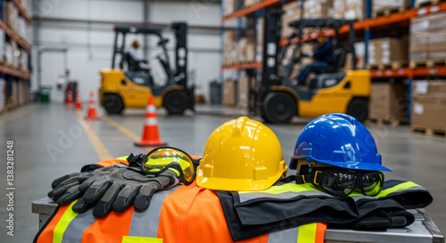 Safety gear and equipment arranged in a warehouse during a busy workday with forklifts operating nearby
