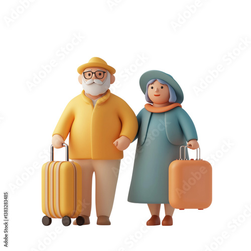 Minimalist flat 3D illustration of an elderly couple traveling abroad, designed with soft pastel colors and smooth rounded shapes. Transparent background.