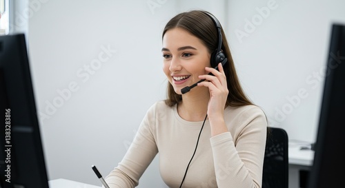Smiling woman with headset working at computer desk