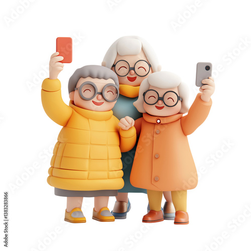 Minimalist flat 3D illustration of elderly friends taking selfies, designed with soft pastel colors and smooth rounded shapes. Transparent background.