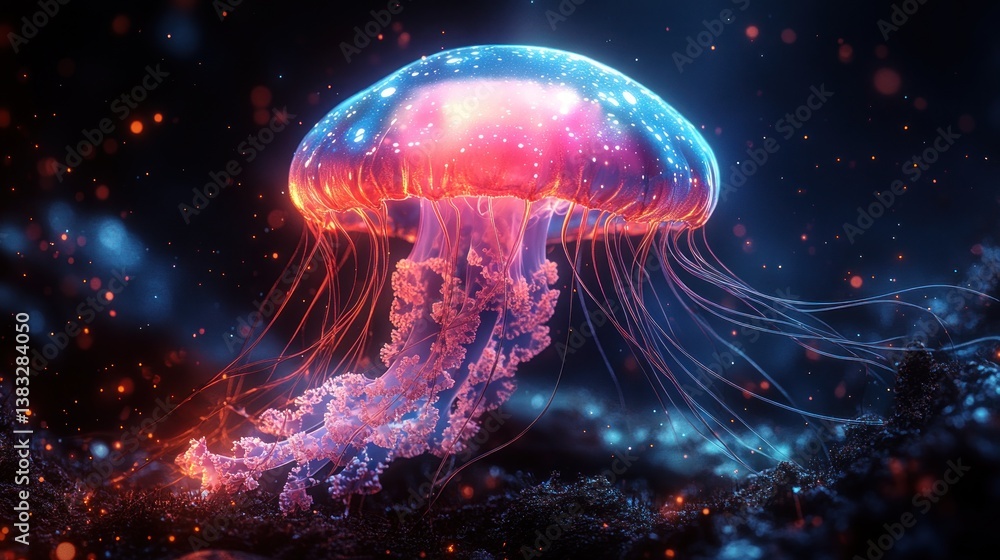 Bioluminescent jellyfish in dark space Bioluminescent jellyfish in dark space