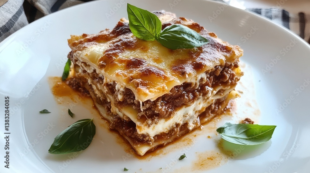 Lasagna with minced beef Bolognese and béchamel sauce, topped with fresh basil leaves, presented on a white plate, offers a classic and indulgent Italian dish. Lasagna with minced beef Bolognese and béchamel sauce, topped with fresh basil leaves, presented on a white plate, offers a classic and indulgent Italian dish.